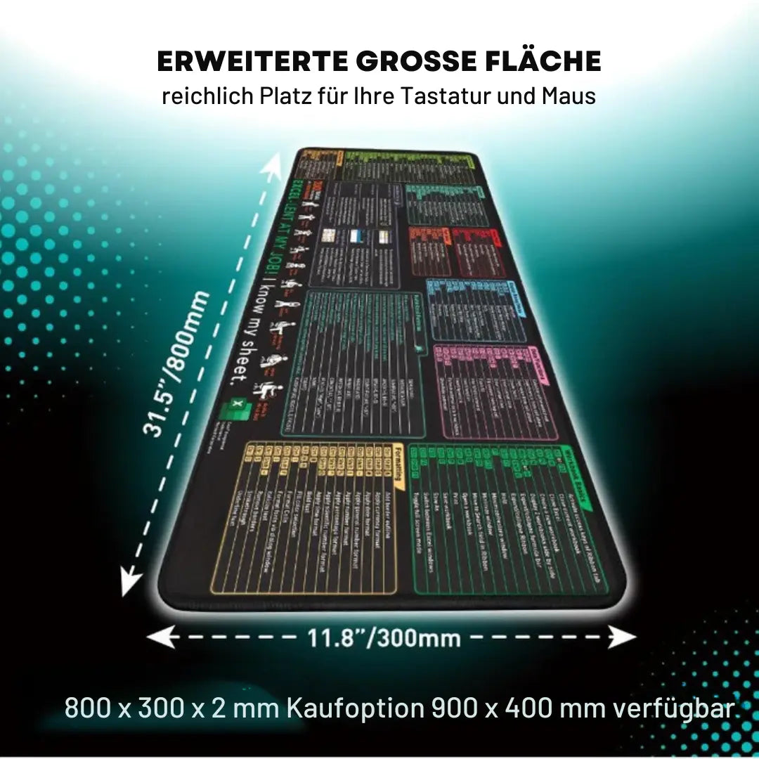 Mousepad XL Excel Shortcuts Polyester Surface & Non-Slip Base