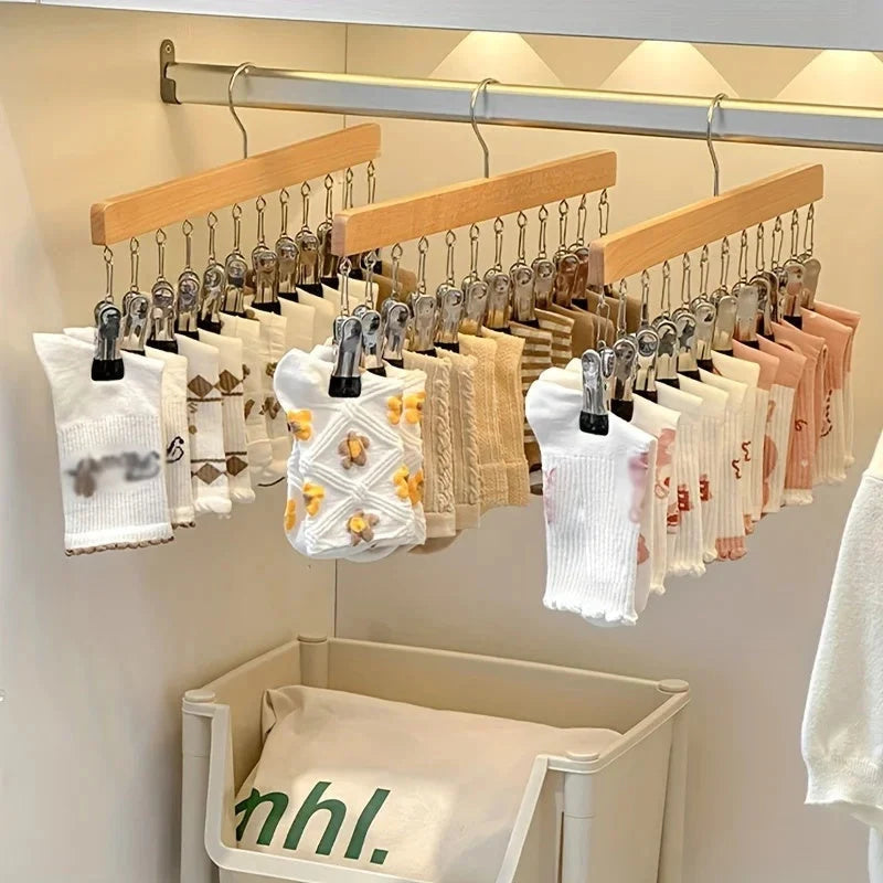 Multi-Clip Clothes Hanger Wooden 12 Clips Space-Saving