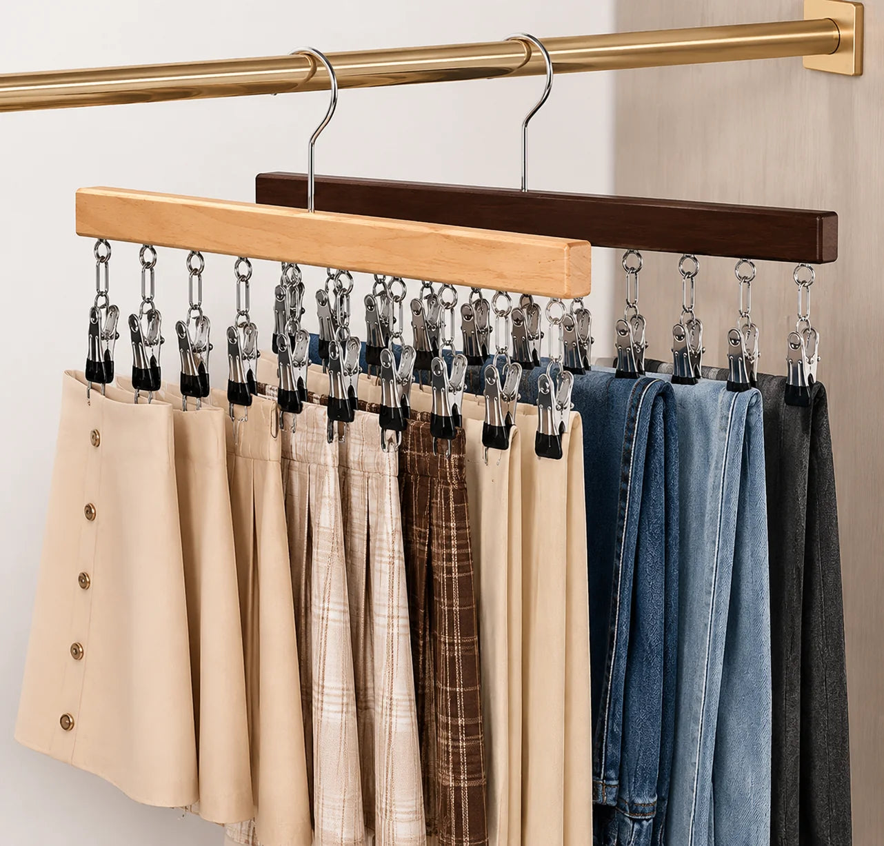 Multi-Clip Clothes Hanger Wooden 12 Clips Space-Saving