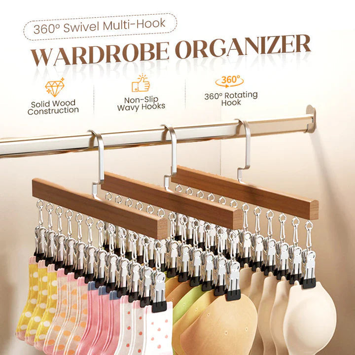 Multi-Clip Hanger Solid Wood Rotating Hook Soft Protective Caps