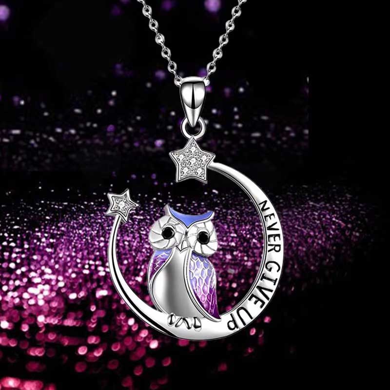 Necklace Owl Moon & Stars Engraved Never Give Up