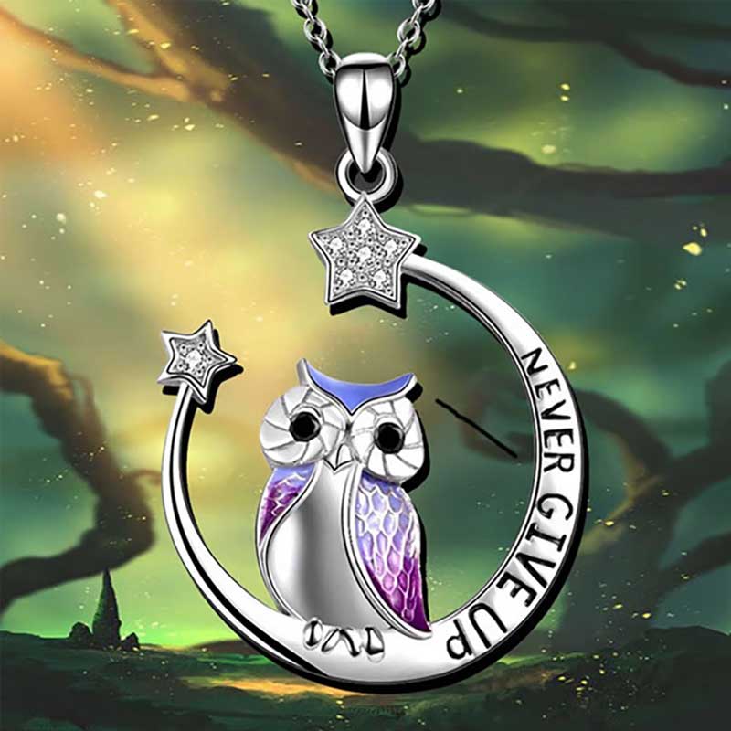 Necklace Owl Moon & Stars Engraved Never Give Up