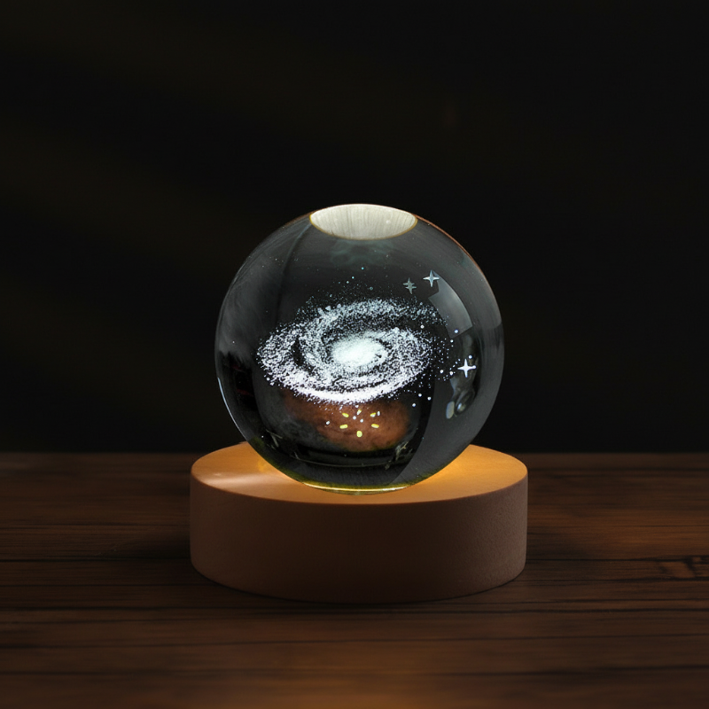 Night Light Crystal Glass 3D Engraved Wooden Base