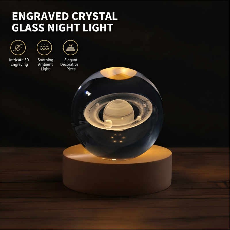 Night Light Crystal Glass 3D Engraved Wooden Base