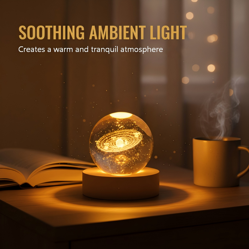 Night Light Crystal Glass 3D Engraved Wooden Base