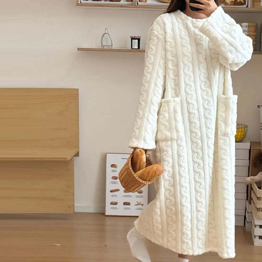 Nightgown Flannel Fleece Cable Knit With Front Pockets
