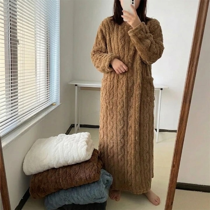 Nightgown Flannel Fleece Cable Knit With Front Pockets