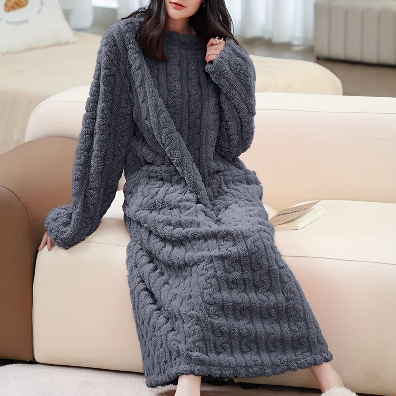Nightgown Flannel Fleece Cable Knit With Front Pockets