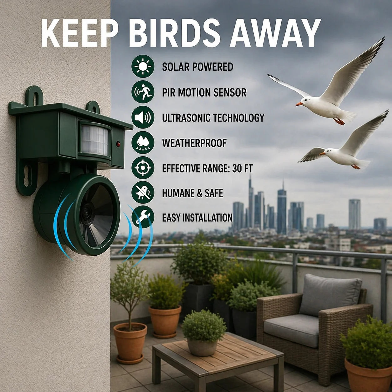 Outdoor Bird Repellent Motion-Activated Solar-Powered & Weatherproof