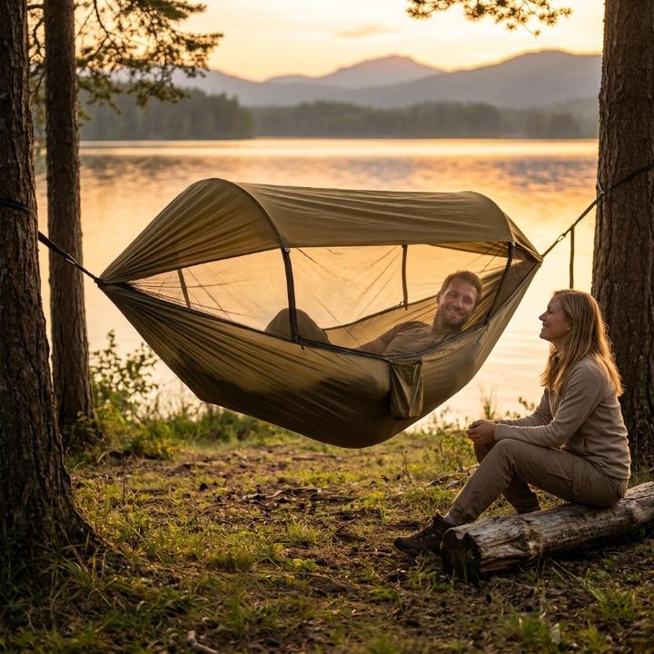 Outdoor Hammock Durable Nylon With Mosquito Net & Sunshade