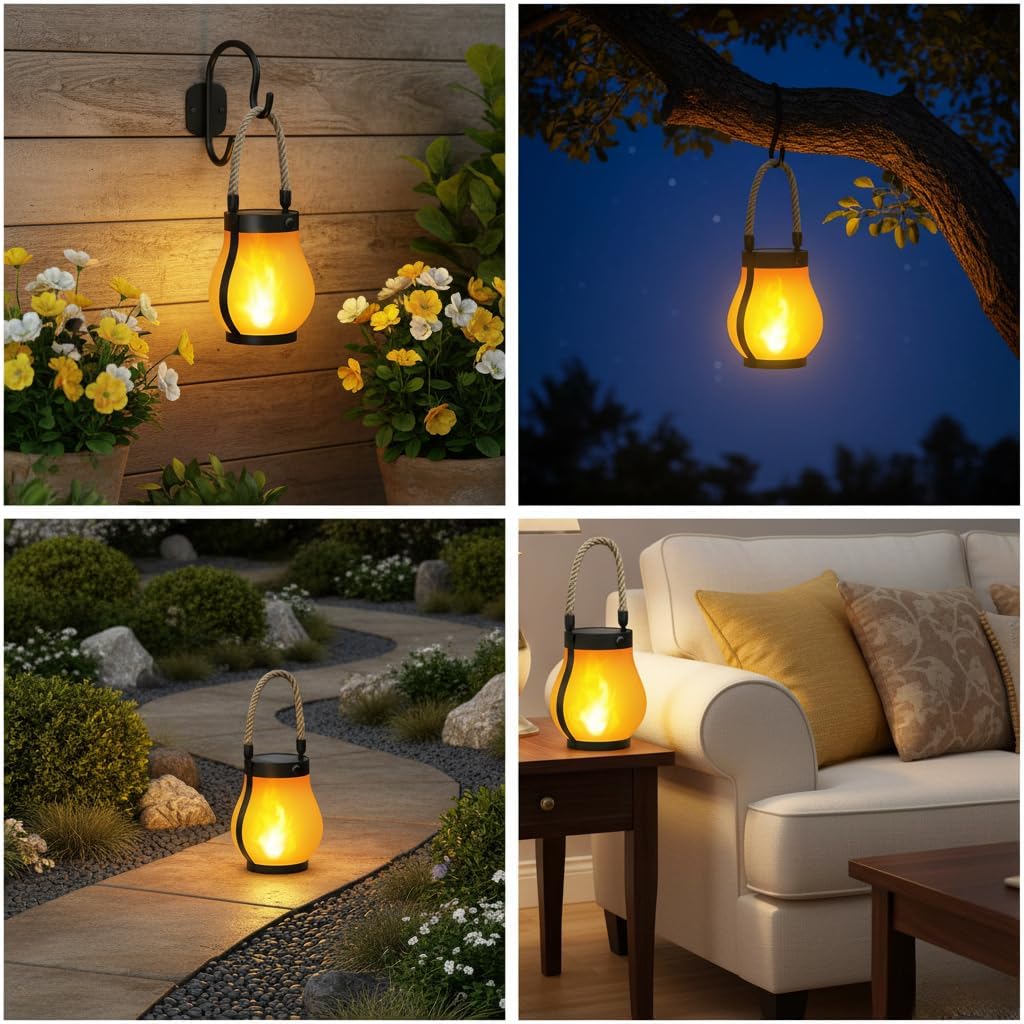 Outdoor Lantern Realistic Flame Effect Solar & USB Rechargeable