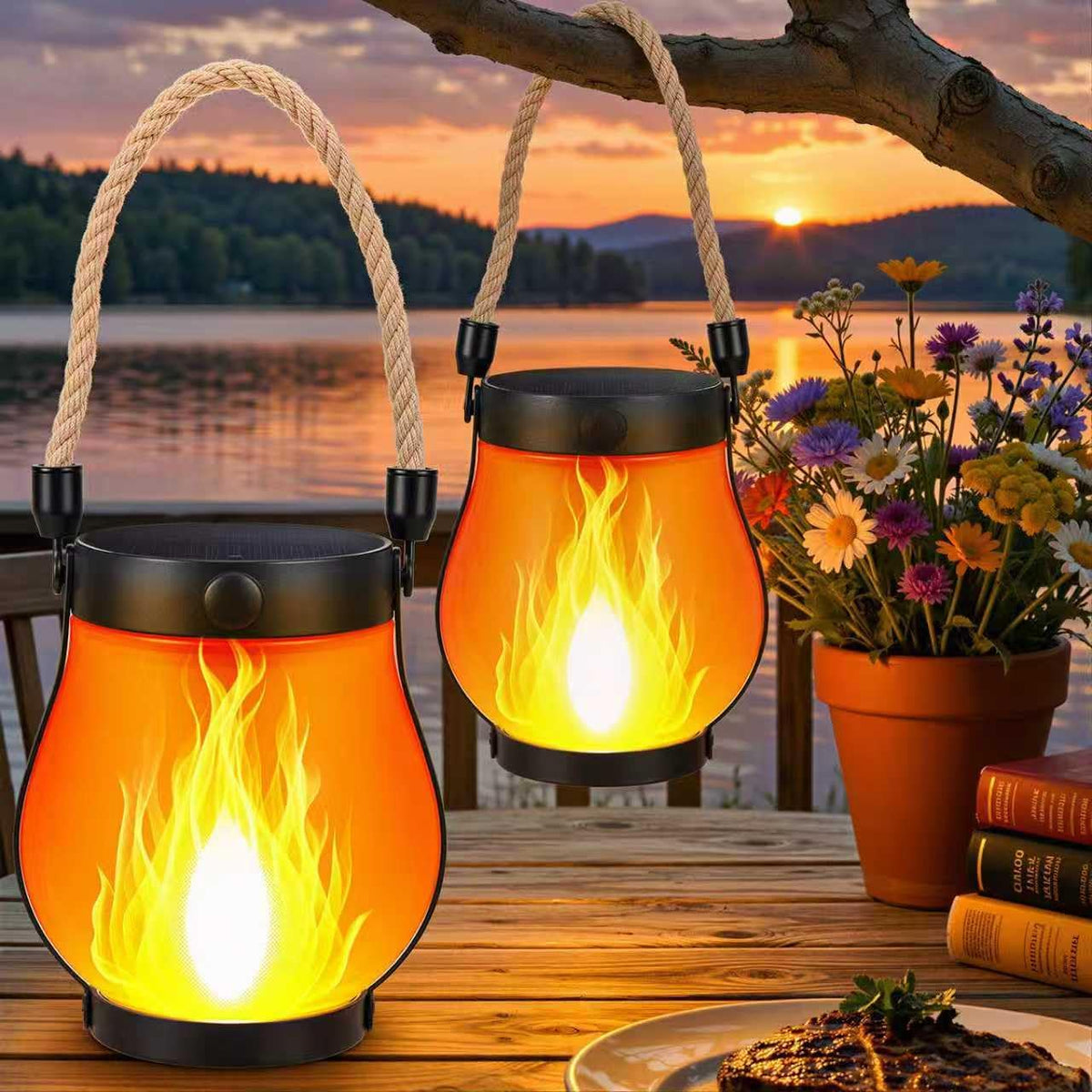 Outdoor Lantern Realistic Flame Effect Solar & USB Rechargeable