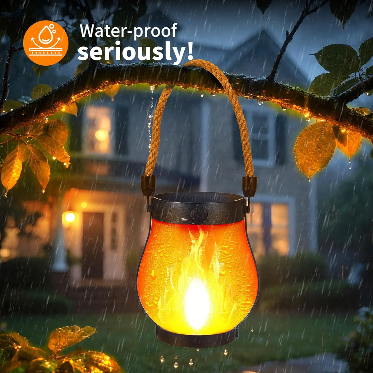 Outdoor Lantern Realistic Flame LED Solar & USB Weatherproof