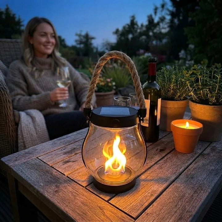 Outdoor Solar Lantern Real Flame Flicker & USB-C Rechargeable