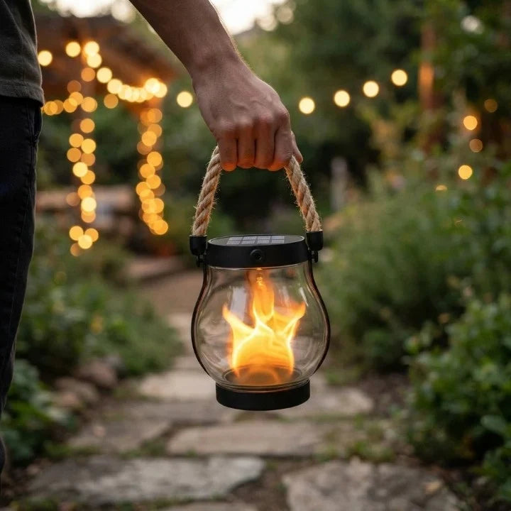 Outdoor Solar Lantern Real Flame Flicker & USB-C Rechargeable