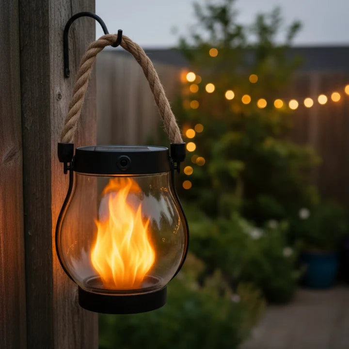 Outdoor Solar Lantern Real Flame Flicker & USB-C Rechargeable
