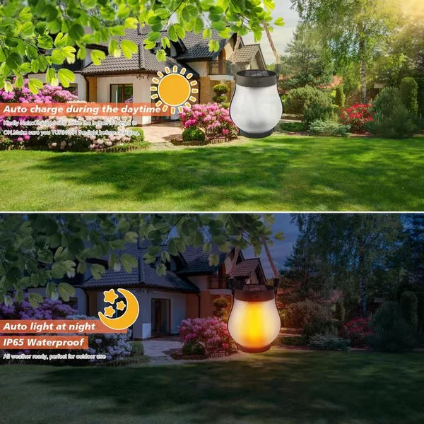 Outdoor Solar Lantern Realistic Flame 8-Hour Runtime USB-C Backup