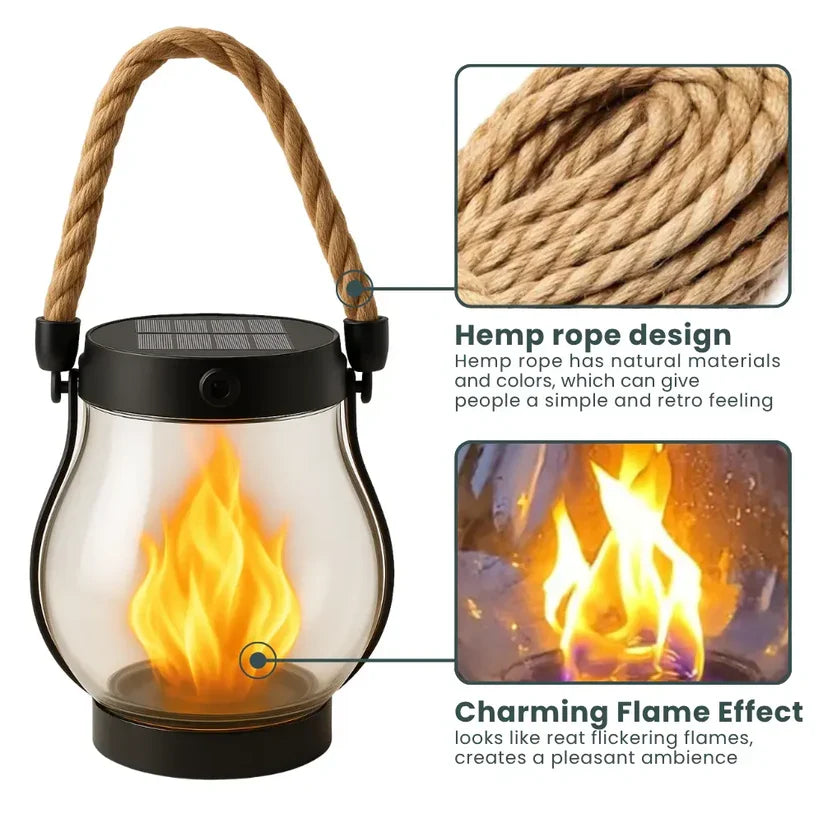 Outdoor Solar Lantern Realistic Flame 8-Hour Runtime USB-C Backup