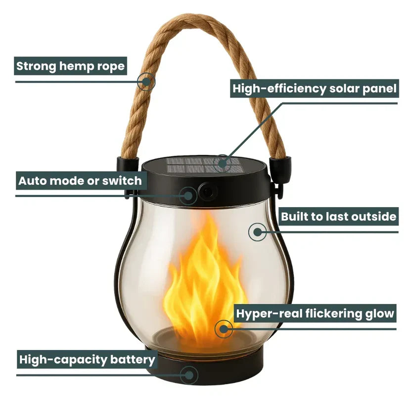 Outdoor Solar Lantern Realistic Flame 8-Hour Runtime USB-C Backup