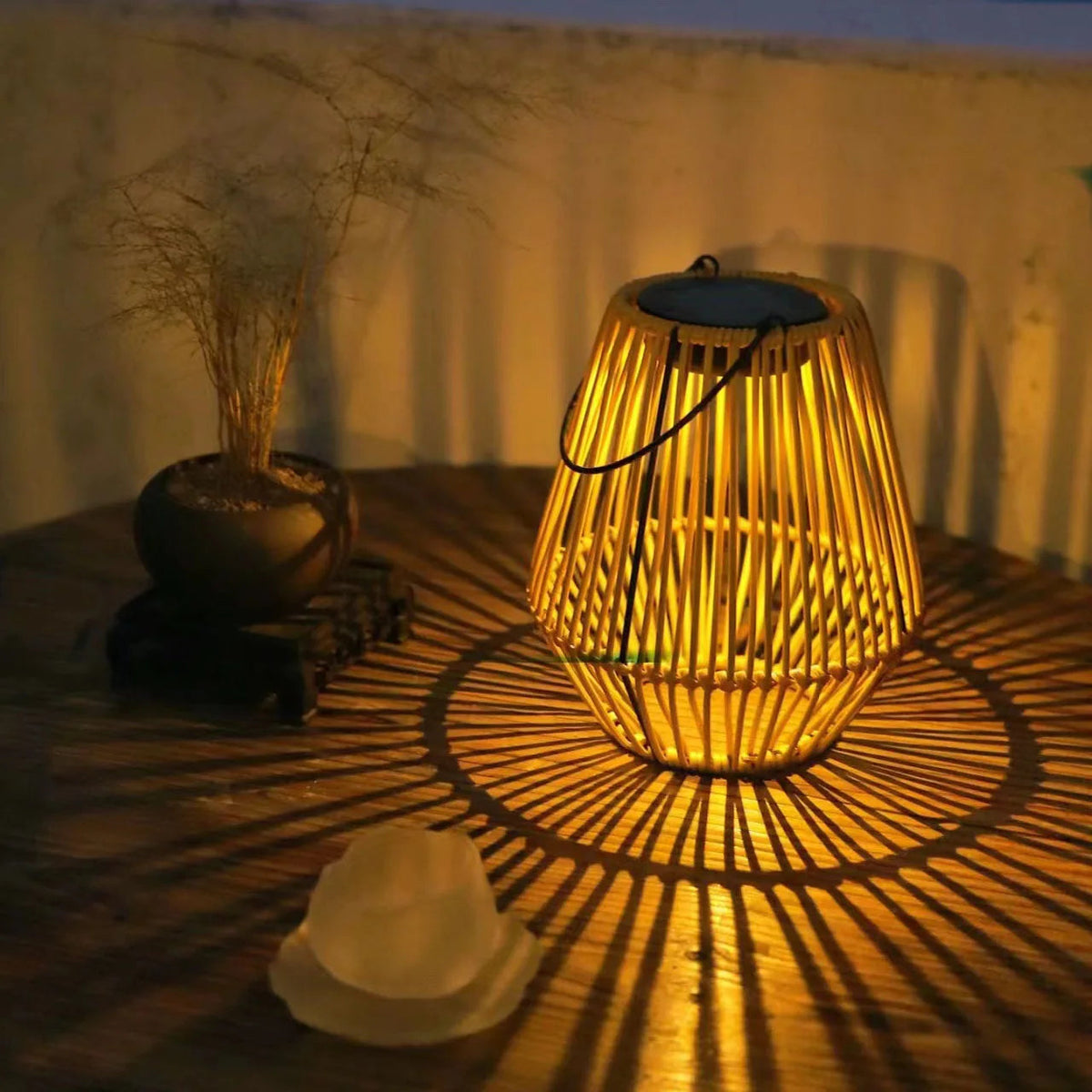 Outdoor Solar Lantern Woven Rattan Warm White LED Dusk Sensor