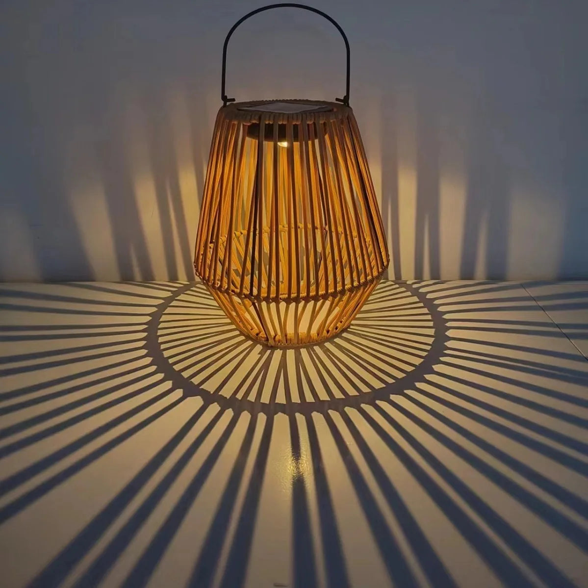 Outdoor Solar Lantern Woven Rattan Warm White LED Dusk Sensor