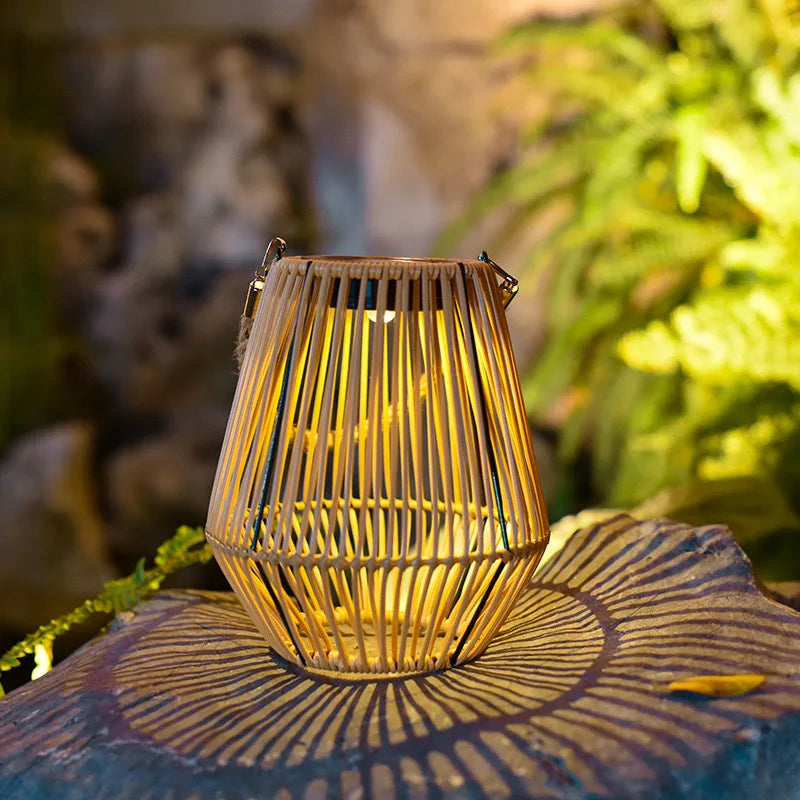 Outdoor Solar Lantern Woven Rattan Warm White LED Dusk Sensor
