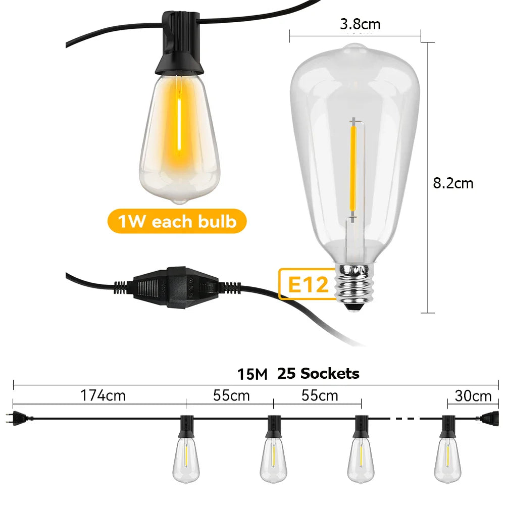 Outdoor String Lights Weatherproof & Shatterproof Warm White