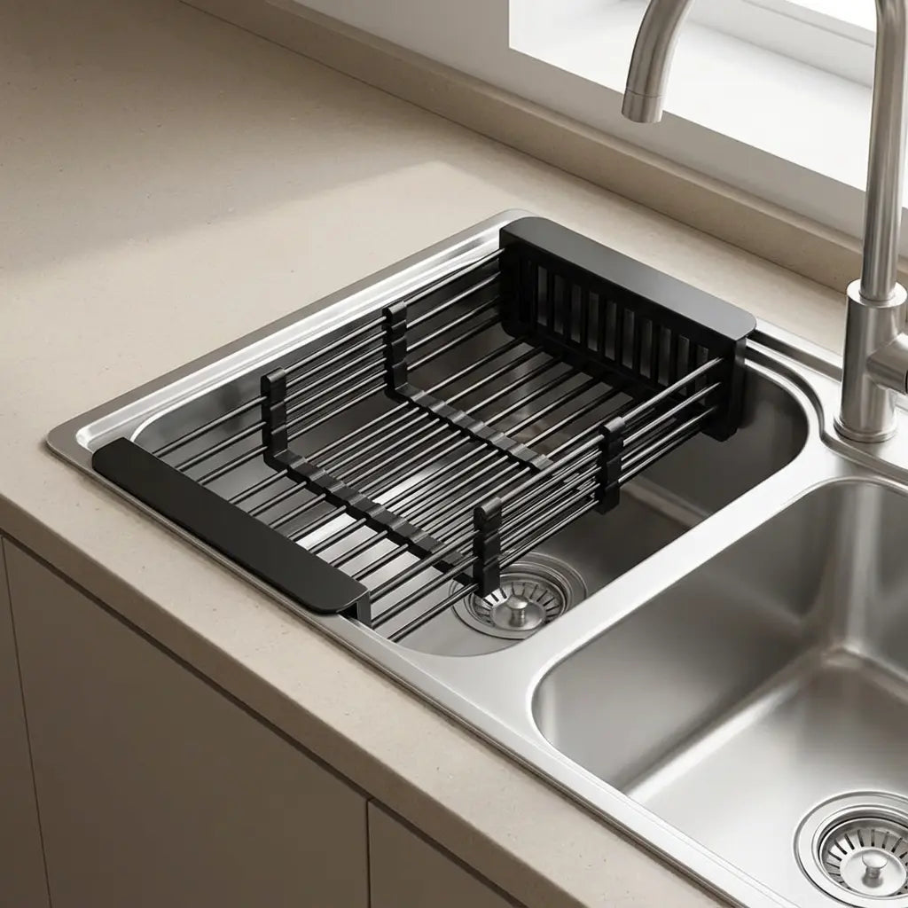Over-Sink Draining Basket Adjustable Stainless Steel & Non-Slip Pads