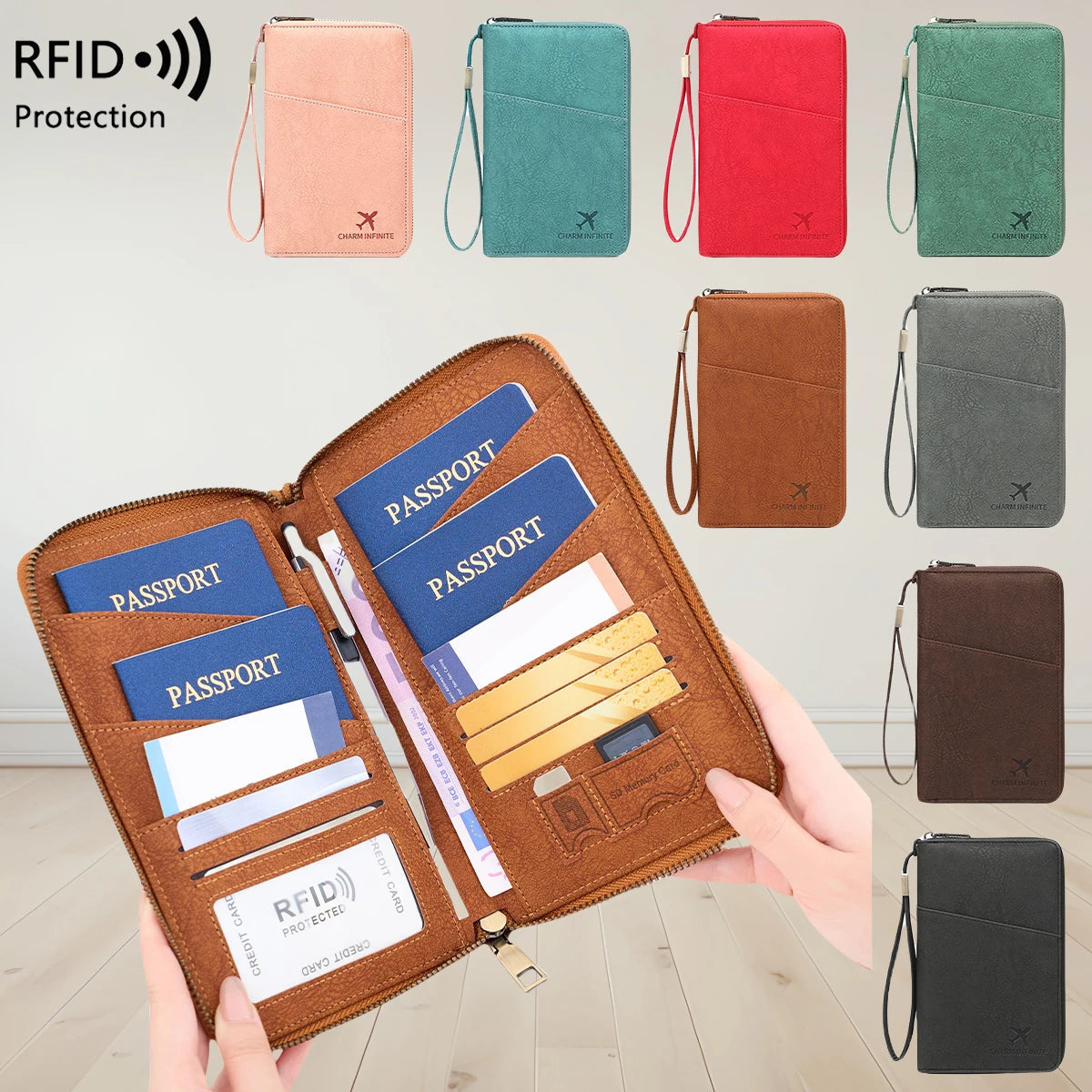 Passport Organizer RFID Protection All-Around Zipper & Wrist Strap