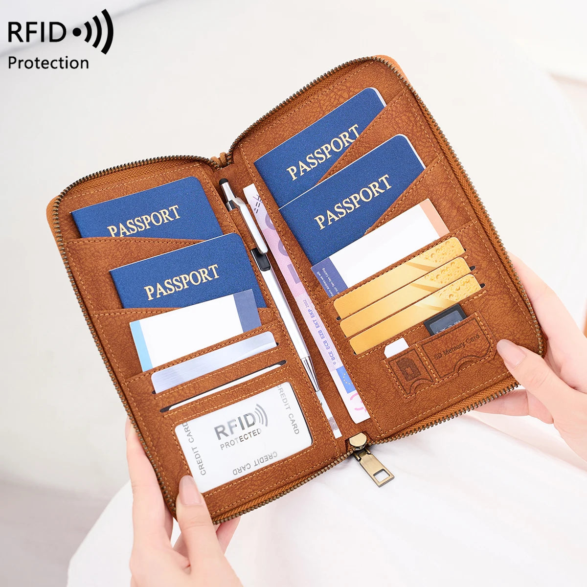 Passport Organizer RFID Protection All-Around Zipper & Wrist Strap
