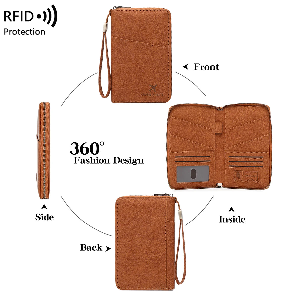 Passport Organizer RFID Protection All-Around Zipper & Wrist Strap