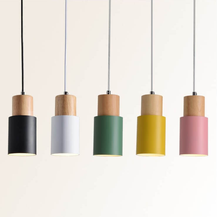 Pendant Light Aluminum Shade With Wood Accent Adjustable Cable
