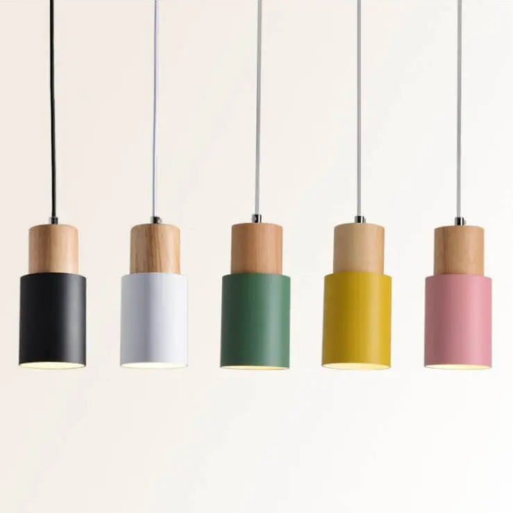 Pendant Light Aluminum Shade & Wood Accents Adjustable Cable