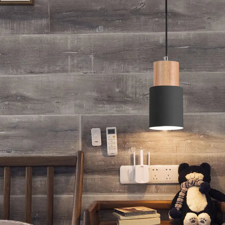 Pendant Light Aluminum Shade & Wood Accents Adjustable Cable