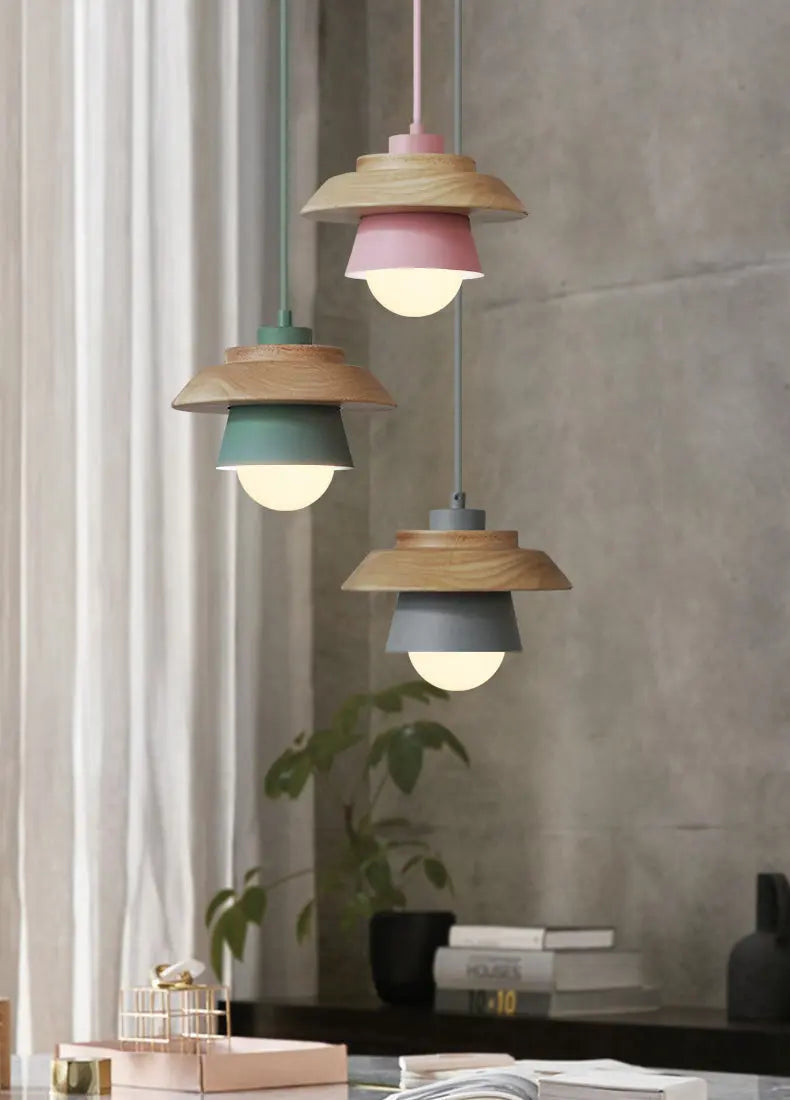 Pendant Light Nordic Aluminum Shade & Wood Accent Height Adjustable