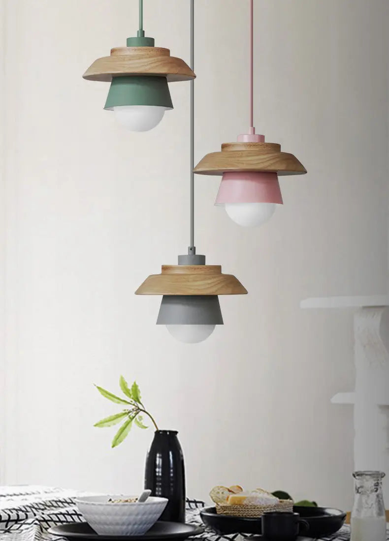 Pendant Light Nordic Aluminum Shade & Wood Accent Height Adjustable