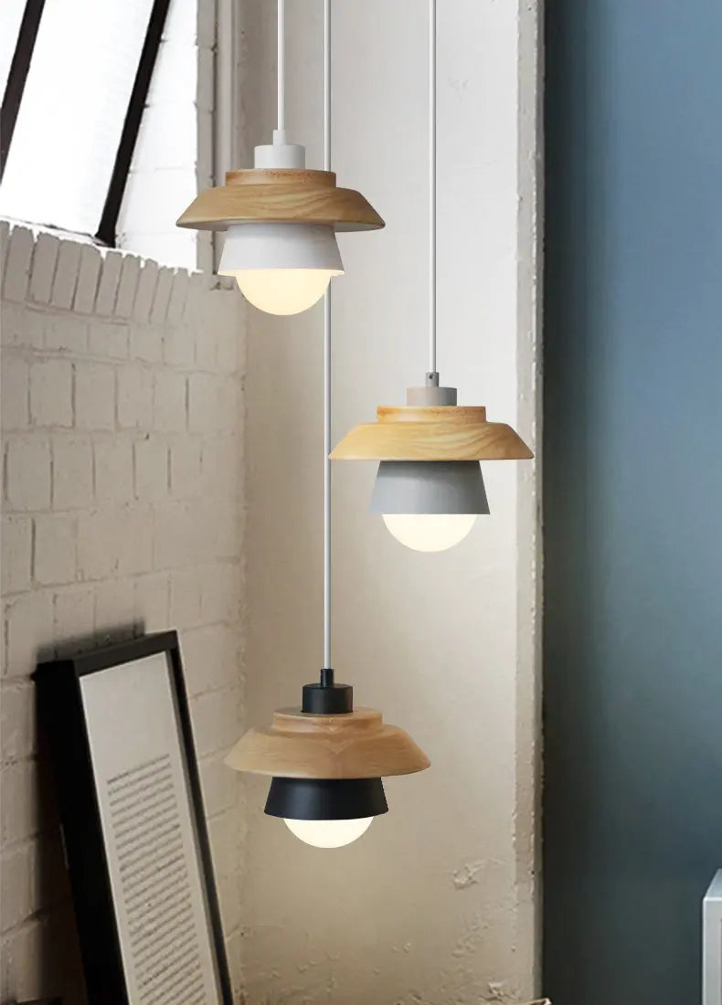 Pendant Light Nordic Aluminum Shade & Wood Accent Height Adjustable
