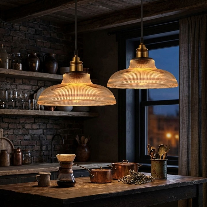 Pendant Light Ribbed Glass Shade Brushed Brass
