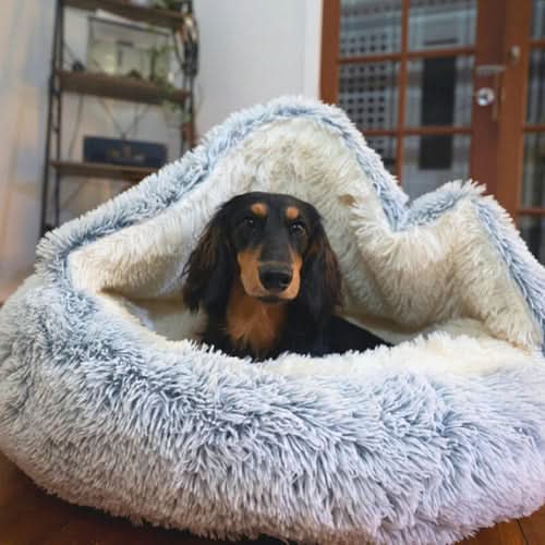Pet Cave Bed Hooded Plush Faux Fur Removable Cover