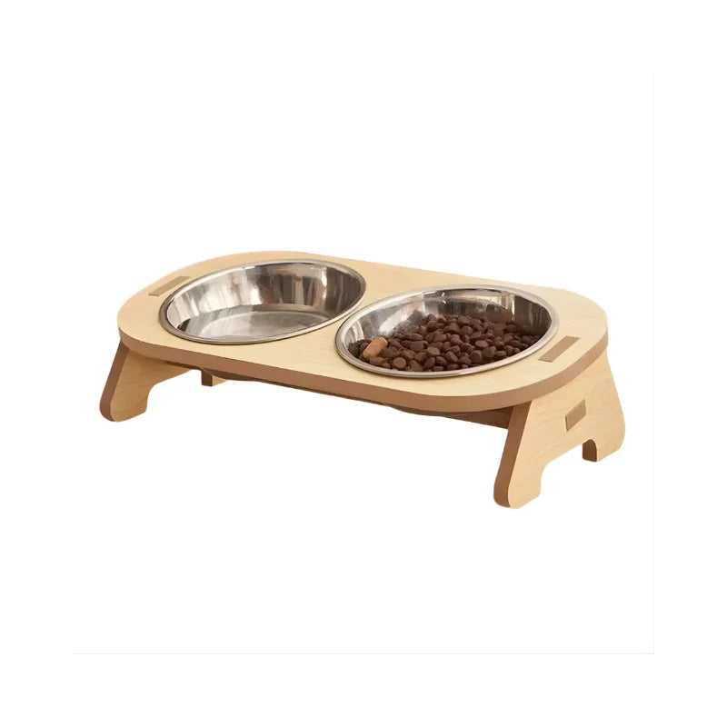 Pet Feeding Bowl Elevated Hardwood Dual Stainless Steel Bowls