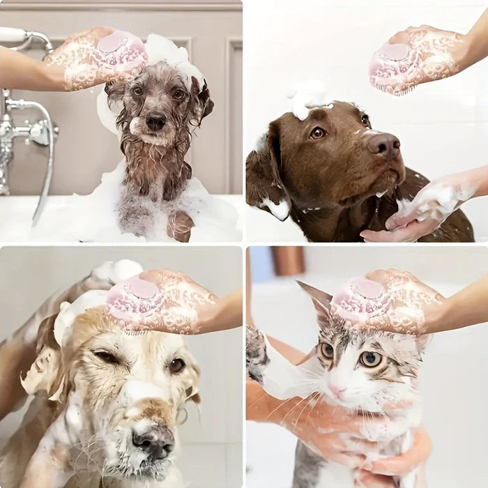 Pet Grooming Brush Silicone Bristles & 80ml Shampoo Dispenser