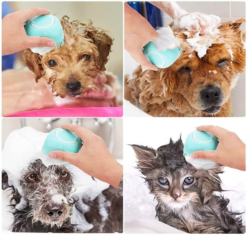 Pet Grooming Brush Silicone Bristles & 80ml Shampoo Dispenser