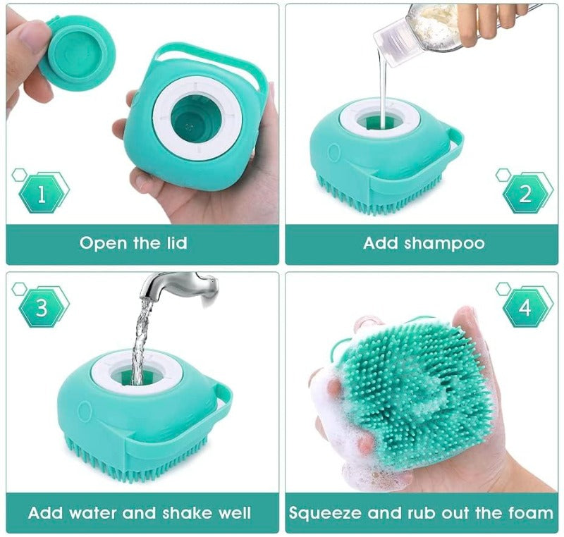 Pet Grooming Brush Silicone Bristles & 80ml Shampoo Dispenser