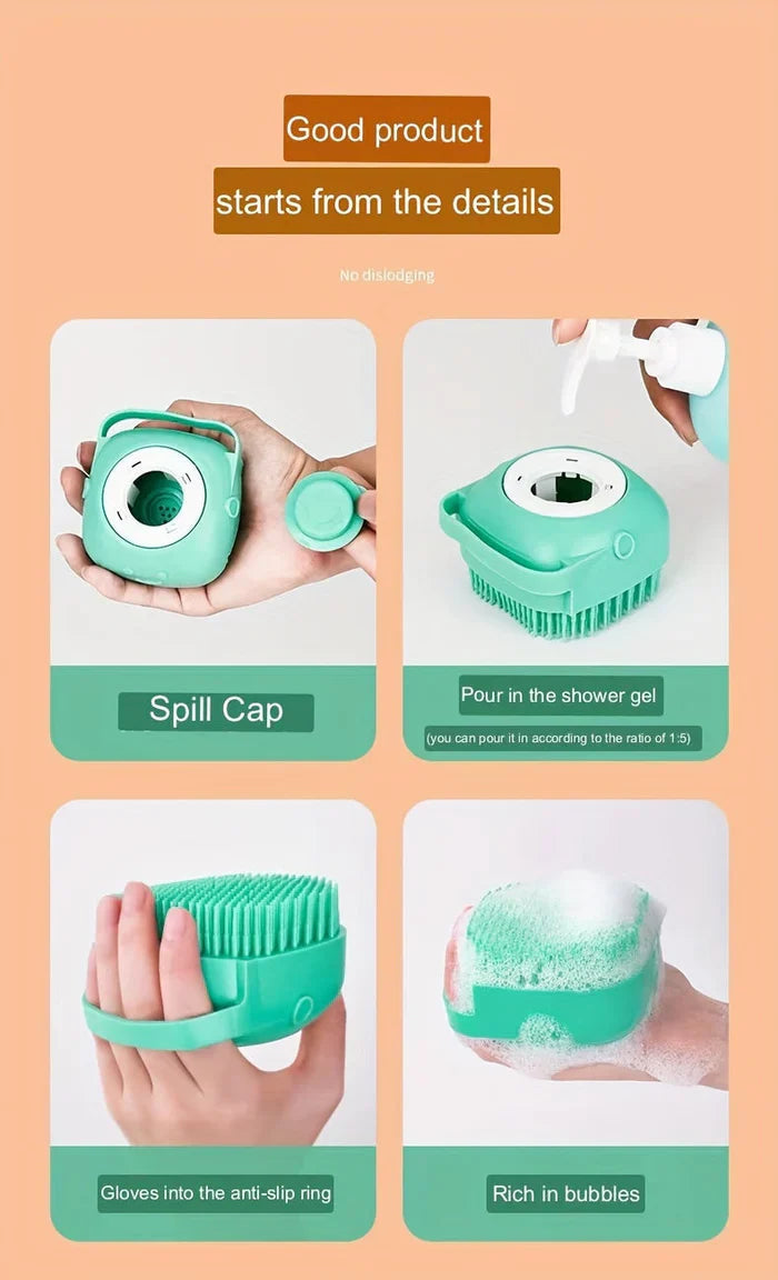 Pet Grooming Brush Silicone Bristles & 80ml Shampoo Dispenser