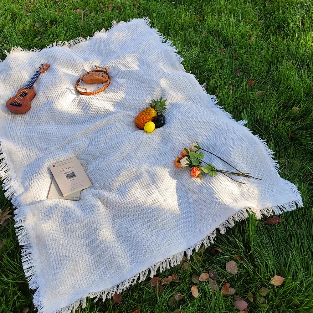Picnic Blanket Cotton-Blend Fringed 130 x 130 Cm