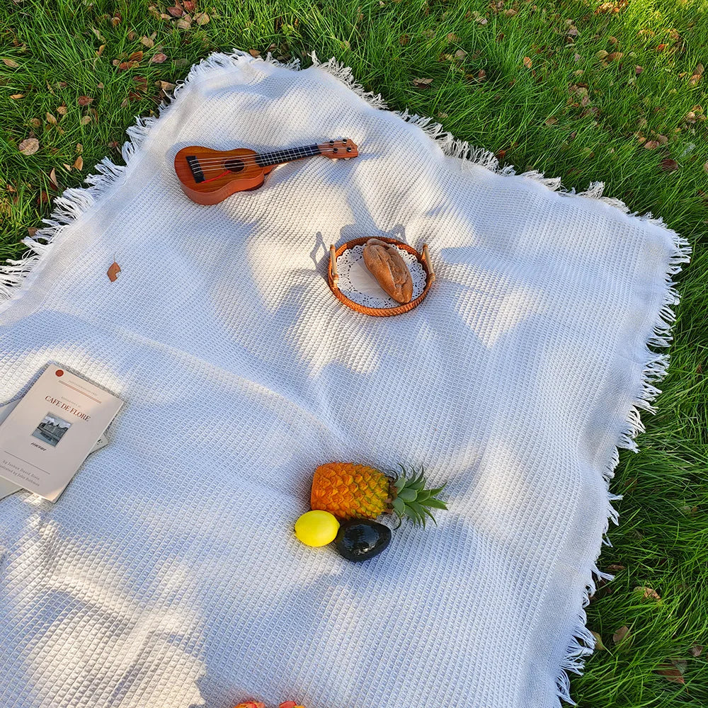 Picnic Blanket Cotton-Blend Fringed 130 x 130 Cm