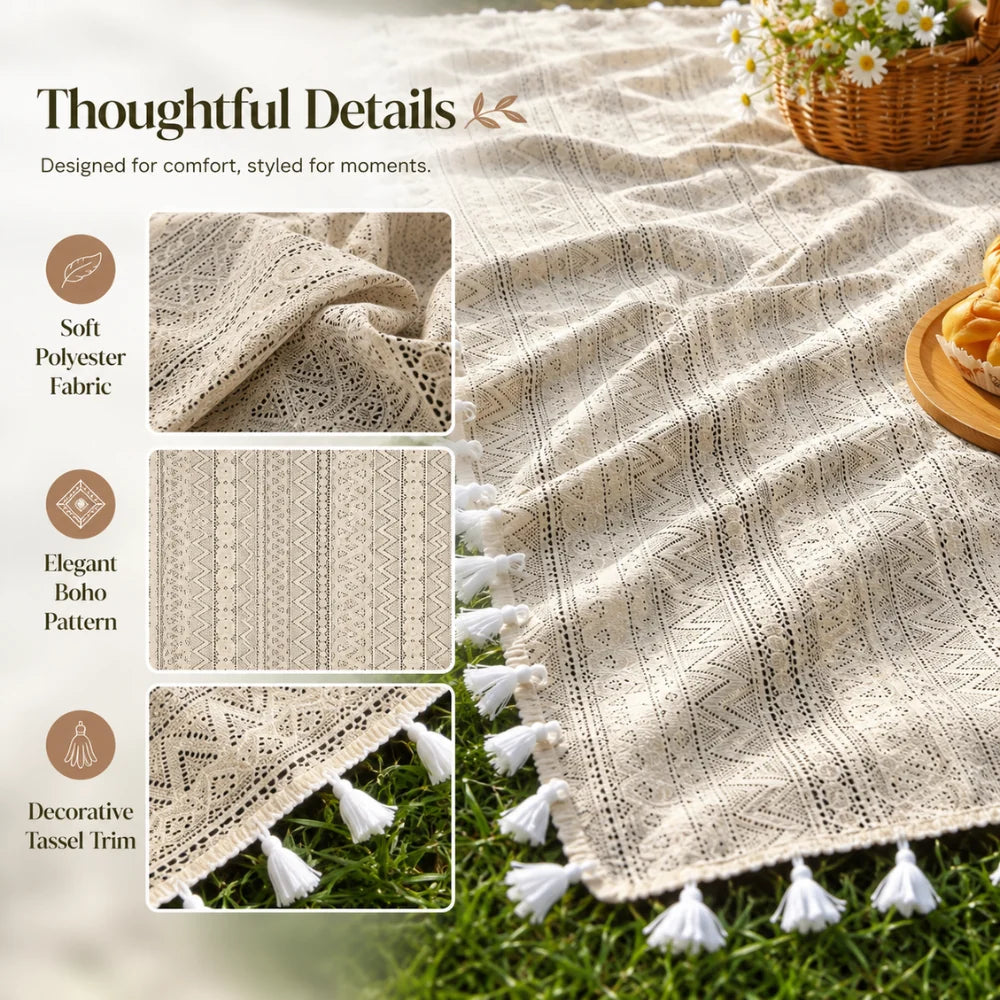 Picnic Blanket Machine-Washable Polyester Boho Geometric Fringed