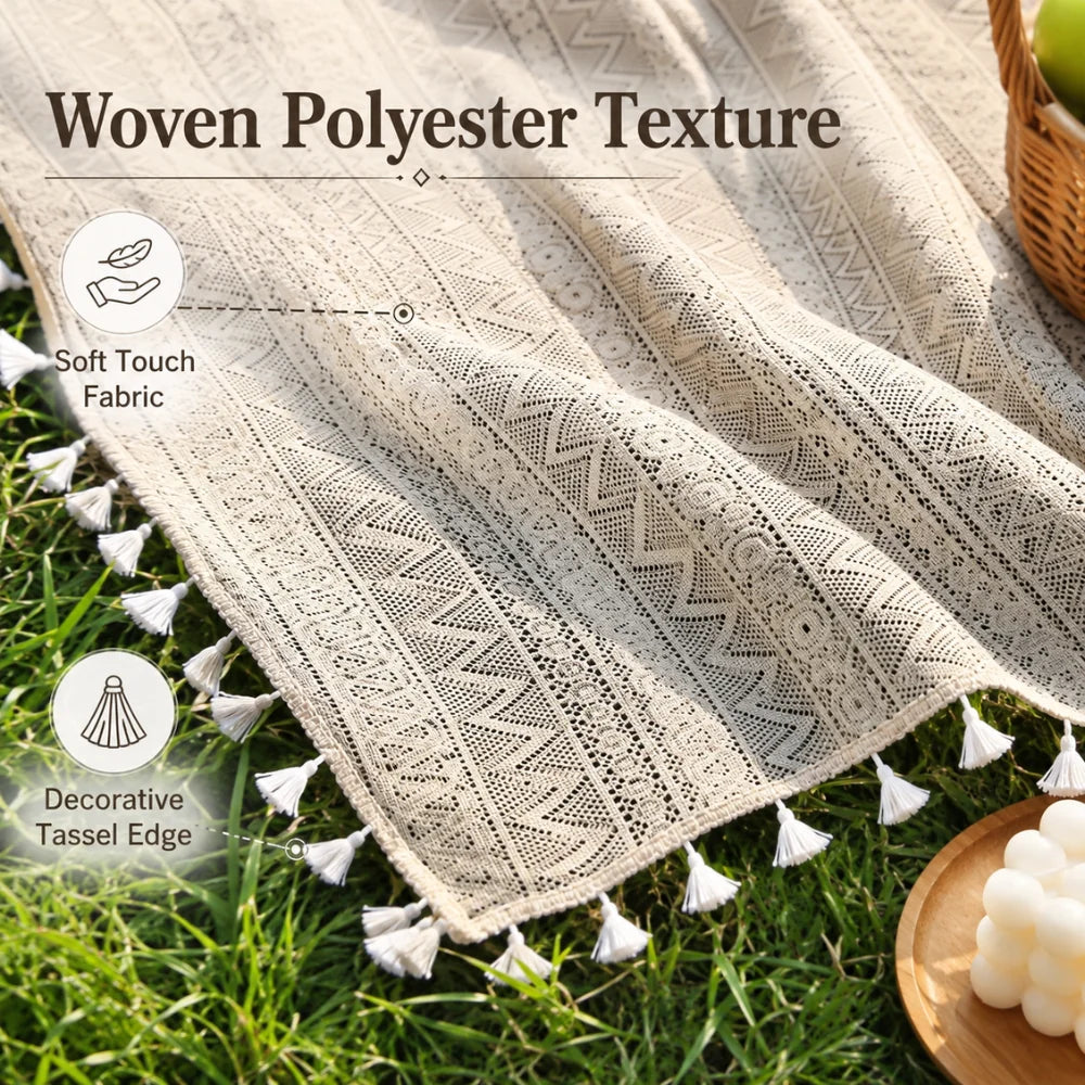Picnic Blanket Machine-Washable Polyester Boho Geometric Fringed