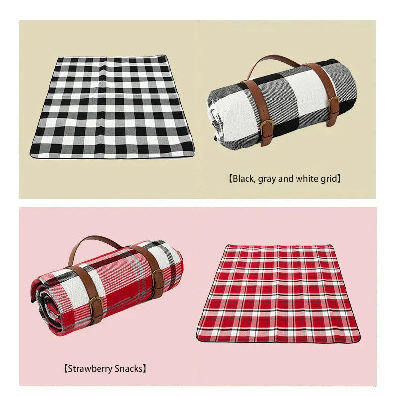 Picnic Blanket Waterproof PEVA Foam-Padded Foldable Leather Strap