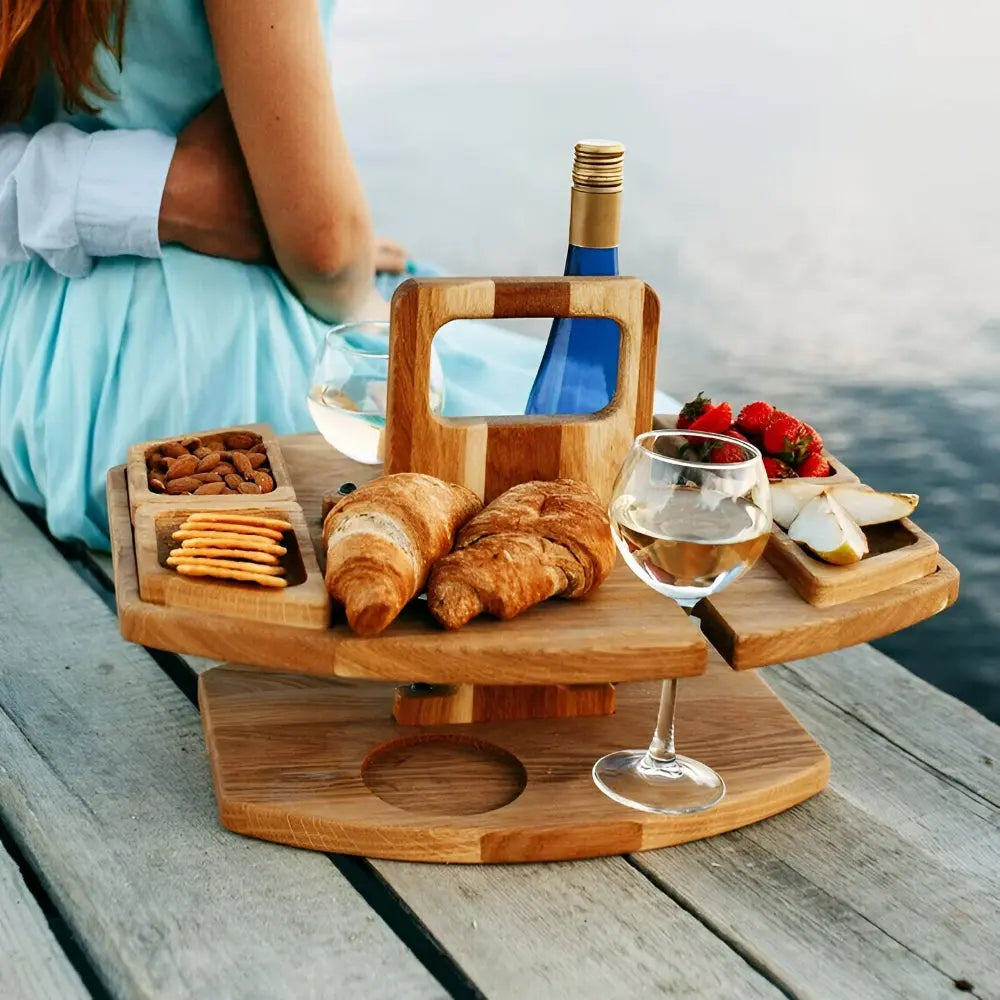 Picnic Table Foldable Wood Wine & Snack Compartments